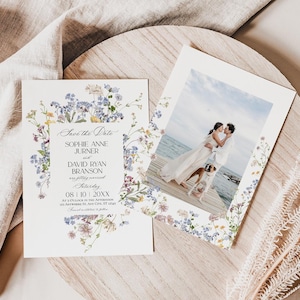 Modèle de carte Save The Date de fleurs sauvages, réservez la date botanique Evite, floral lunatique jardin en téléchargement numérique modifiable D029