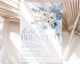 Dusty Blue Bridal Brunch Invitation Template, Blue Bridal Shower Brunch Invite Template, Boho Blue Bridal Brunch Editable Template A004