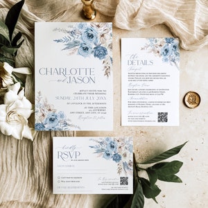 Boho Wedding Invitation Template, Fall Wedding Suite Template with Photo, Blue Wedding Invitations with RSVP Wedding Invite QR Code D010