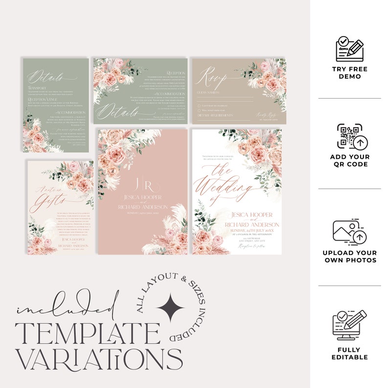 May include: A wedding invitation suite template with a blush pink and green color scheme. The design features a floral arrangement with white feathers and a delicate script font. The text includes the names "Jesica Hooper" and "Richard Anderson" and the words "The Wedding of".