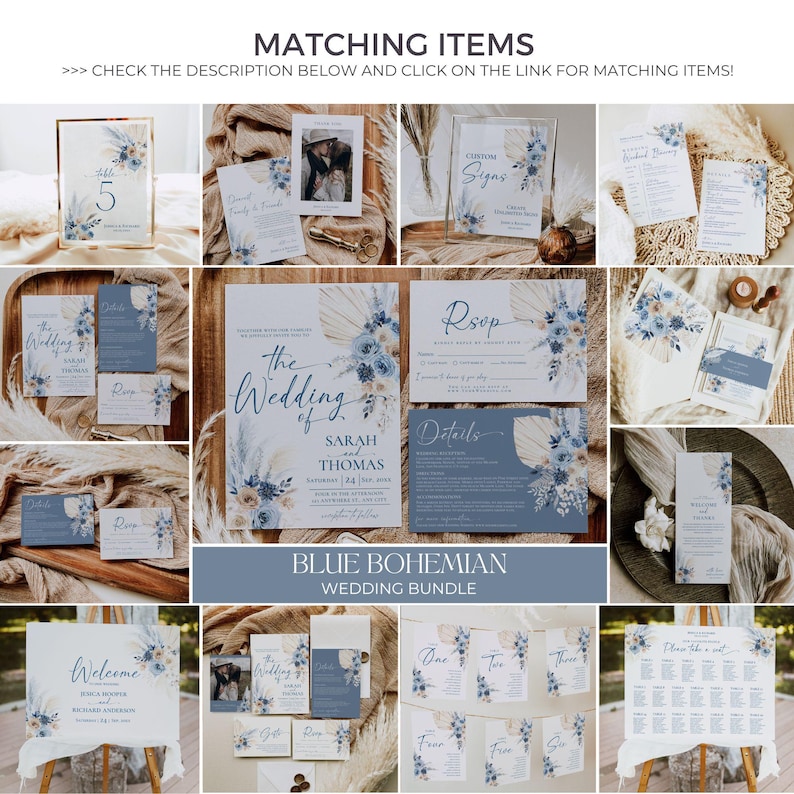 May include: A wedding invitation suite with a blue and white color scheme. The suite includes a save the date card, invitation, RSVP card, and details card. The cards feature a watercolor floral design with pampas grass and a blue bohemian theme.
