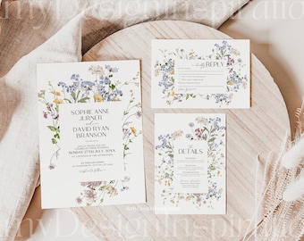 Wildflower Wedding Invitation Suite Template, Botanical Wedding Invite Set, Floral Garden Wedding Invitation Set, Boho Save the Date E020