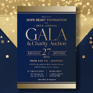 May include: A navy blue invitation for the Hope Heart Foundation Gala & Charity Auction. The text is in gold, with details including the date, time, and location. The event requires black tie attire.