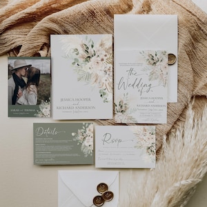Boho Wedding Invitation Template, Greenery Wedding Invite Suite Template, Wedding Set, Sage Green Pampas Editable Printable Template D024