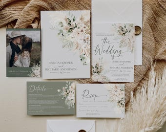 Plantilla de invitación de boda bohemia: vegetación y pampas (editable e imprimible) D024