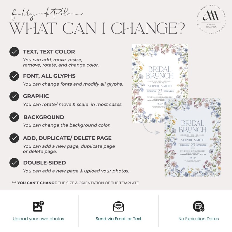 May include: A customizable wedding invitation template with a floral design. The template features a light blue background with a floral border and text that reads "Bridal Brunch". The text is in a white font with a black outline. The template is fully editable, allowing you to change the text, font, colors, and graphics. You can also add, duplicate, or delete pages and upload your own photos.