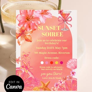 Inbjudan till tropisk födelsedag med solnedgångssällskap, rosa sommarcocktailinbjudan, strandfest med korallblommor och sjöstjärnor, redigerbar Canvas-mall