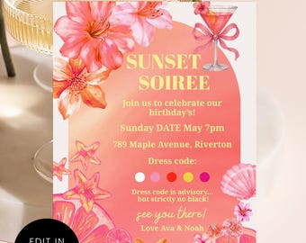 Sunset Soiree Tropical Birthday Invitation, Pink Summer Cocktail Invite, Coral Floral & Starfish Beach Party, Editable Canva Template