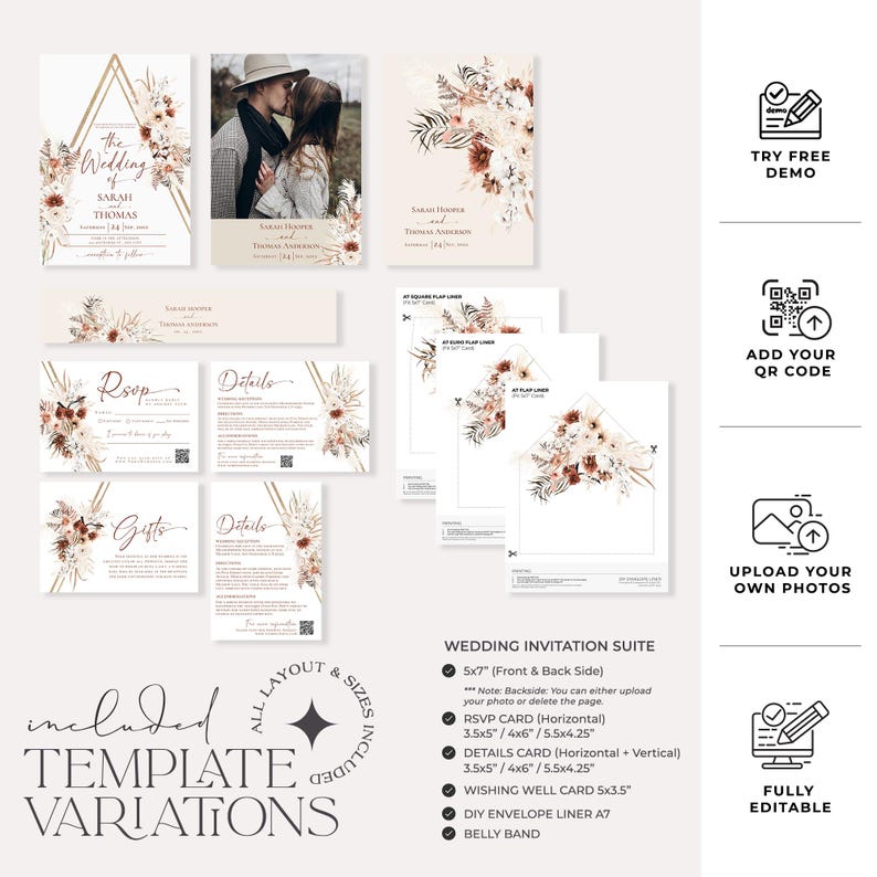 May include: Wedding invitation suite template with a boho chic design featuring a floral illustration in shades of brown, pink, and white. The suite includes a 5x7 inch invitation, RSVP card, details card, wishing well card, DIY envelope liner, and belly band. The template is fully editable.