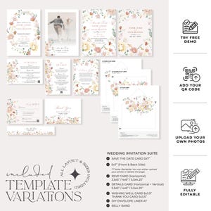 May include: Wedding invitation suite template with floral designs in pink, yellow, and green. The suite includes a save the date card, RSVP card, details card, wishing well card, thank you card, envelope liner, and belly band. All templates are fully editable.