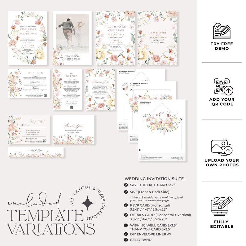 May include: Wedding invitation suite template with floral designs in pink, yellow, and green. The suite includes a save the date card, RSVP card, details card, wishing well card, thank you card, envelope liner, and belly band. All templates are fully editable.