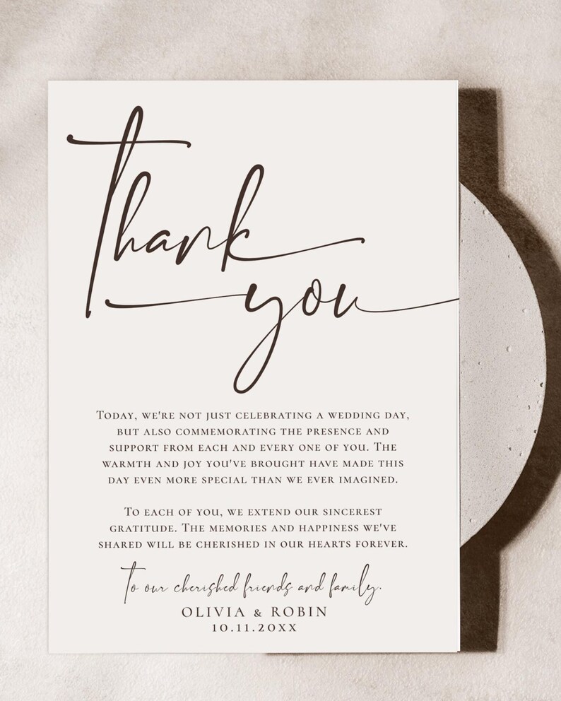 Minimalist Thank You Napkin Note, Place Setting Thank You, Wedding Table Thank You Template