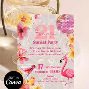 Może przedstawiać: Zaproszenie na imprezę z imieniem "Bianca" i słowami "Sunset Party". Zaproszenie zawiera różowego flaminga, kulę dyskotekową i tropikalne kwiaty. Data to 17 września o godzinie 14:00. Zaproszenie mówi "Edit in Canva".