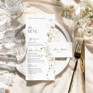 Modelo de menu de chá de bebê com flores silvestres, menu de chá de panela com flores silvestres, cartão de agradecimento de casamento botânico, menu de aniversário floral editável