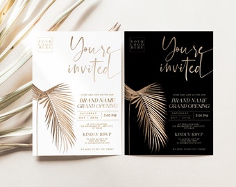 Könnte beinhalten: Zwei rechteckige Einladungskarten, eine weiße und eine schwarze, mit goldfarbenen Palmenblatt-Illustrationen. Beide Karten zeigen den Text 'You're invited', 'Brand Name Grand Opening' sowie Platzhalter für Veranstaltungsdetails, Datum, Uhrzeit und RSVP.