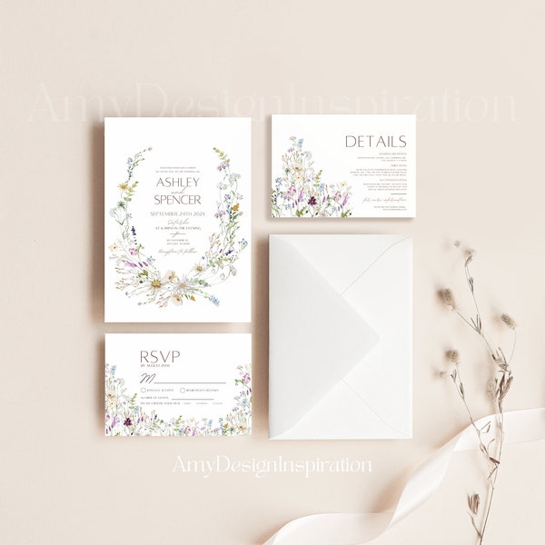 Wildflower Wedding Invitation Suite Template, Botanical Wildflower Wedding Invitation Card, Elegant Wedding Template Editable Download #250