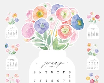 Pastel Flowers Jar Desk Calendar 2027, Colorful Spring Floral Monthly Cards DIY Printable Calendar 2028