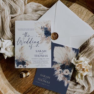 Boho Navy Wedding Invitation Template, Bohemian Wedding Invitations Card, Navy Blue Boho Wedding Template QR Code E108