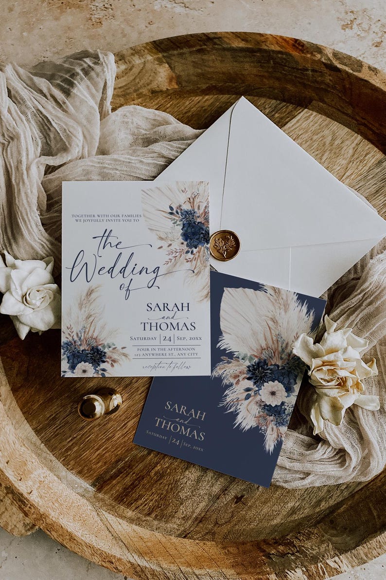 Boho Navy Wedding Invitation Template, Bohemian Wedding Invitations Card, Navy Blue Boho Wedding Template QR Code E108