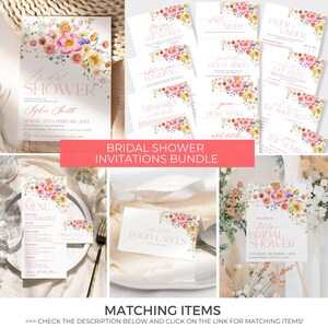 Op de afbeelding: Een printbare bruidsdouche-uitnodigingsbundel met een bloemenontwerp. De bundel bevat verschillende kaarten, zoals een welkomstbord, een menu, voedseletiketten en spellen. De kaarten hebben een aquarelbloemenontwerp met roze, gele en groene bloemen.