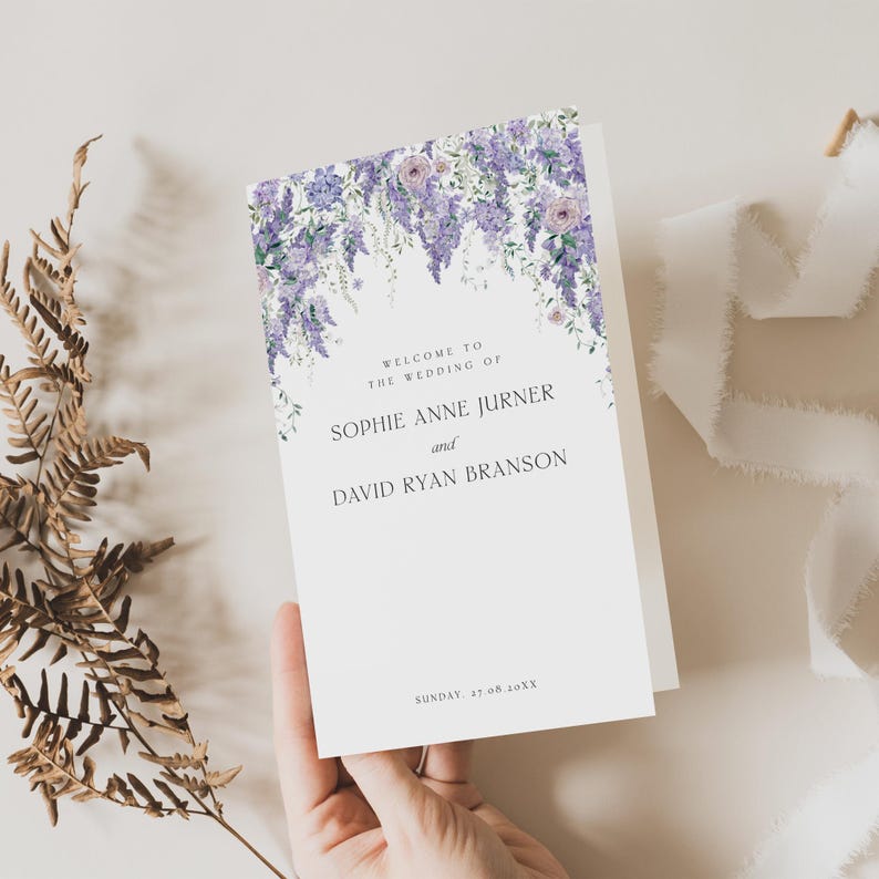 Catholic Wedding Program Template, Ceremony Program, Wedding Order of Service, Ceremony Church Program Folded Purple Wisteria Wedding D014