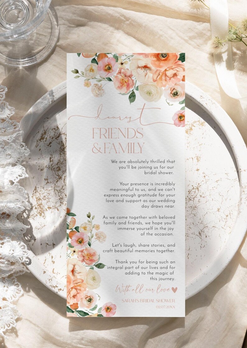 Peach Citrus Bridal Shower Menu Template: Floral Thank You Note (Digital Download) B007