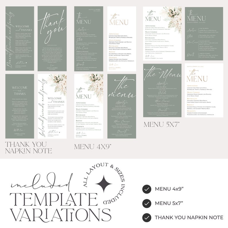 May include: A collection of wedding stationery templates featuring sage green and white backgrounds with floral accents. The set includes various menu layouts in 4x9 inch and 5x7 inch sizes, along with thank you napkin notes, all displaying elegant typography and event details.