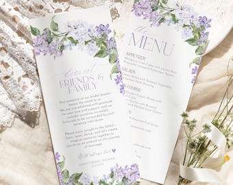 May include: Two white paper cards featuring watercolor illustrations of purple lilac flowers and green leaves. The left card reads Dearest Friends & Family, and the right card is titled The Menu, listing appetizers, salads, and main courses.
