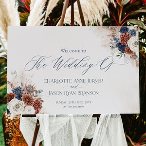 May include: A wedding welcome sign with a white background and a floral design in shades of blue, white, and red. The text reads "Welcome to The Wedding of Charlotte Anne Jurner and Jason Ryan Branson, Sunday, 24th June 20XX, At This Location."