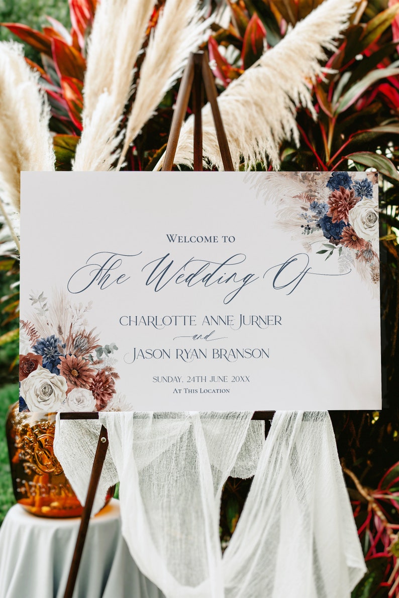 May include: A wedding welcome sign with a white background and a floral design in shades of blue, white, and red. The text reads "Welcome to The Wedding of Charlotte Anne Jurner and Jason Ryan Branson, Sunday, 24th June 20XX, At This Location."