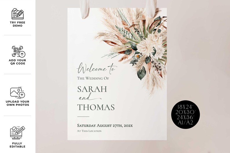 Rustic Greenery Welcome Sign Template, Wedding Welcome Signs, Large Signage Templates Printable Pampas Grass E008