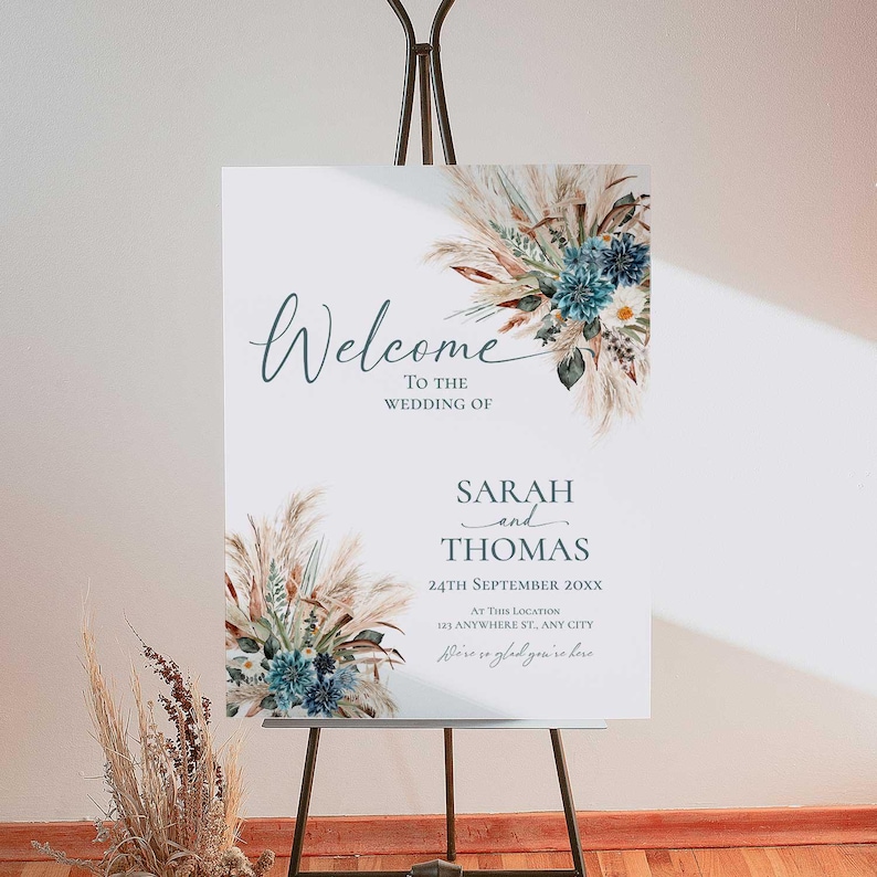 Boho Teal Wedding Welcome Sign Template, Turquoise Wedding Signage Template, Welcome to Our Wedding Signs Printable E106