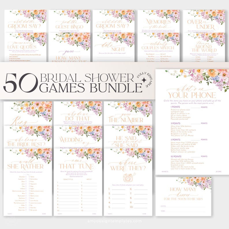 50 Bridal shower games bundle, Floral bridal shower bundle, Games Printable, Shower Games B048