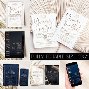 Editable modern business invitation template bundle with over 45 elegant minimalist corporate party cards. Perfect for business dinners, company anniversaries, and networking events. Easy to customize in Corjl.