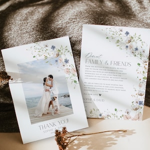 Wildblumen Hochzeit Dankeskarte Vorlage, Hochzeitsfoto Dankeskarte, Wiese Hochzeit Dankeskarte, druckbare Blumenhochzeitskarten D023