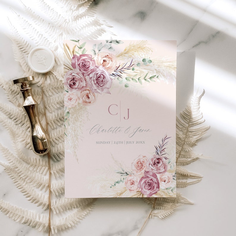 Mauve Greenery Boho Dusty Rose Wedding Invitation Set: Pampas Grass (Printable Download) E009 image 5