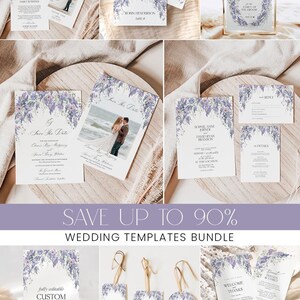May include: A collection of wedding stationery templates featuring purple wisteria floral illustrations. The set includes save the date cards, invitation suites, place cards, reserved signs, and thank you tags with customizable text and photo placeholders.