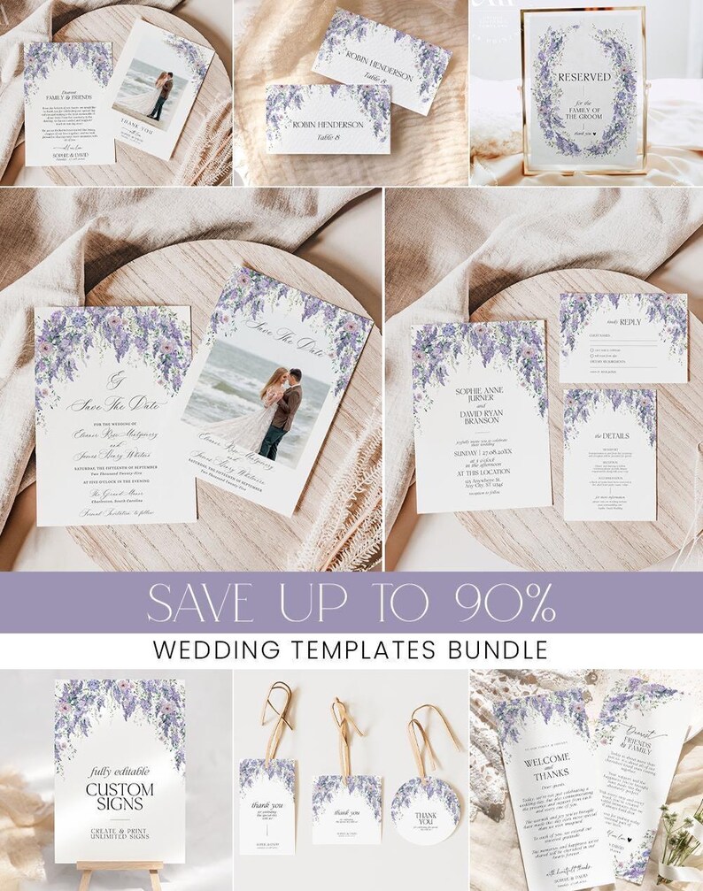 May include: A collection of wedding stationery templates featuring purple wisteria floral illustrations. The set includes save the date cards, invitation suites, place cards, reserved signs, and thank you tags with customizable text and photo placeholders.