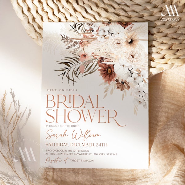 Terracotta bridal shower invitation editable template, Boho bridal shower brunch invitation, Pampas grass bridal shower invite, Corjl B006