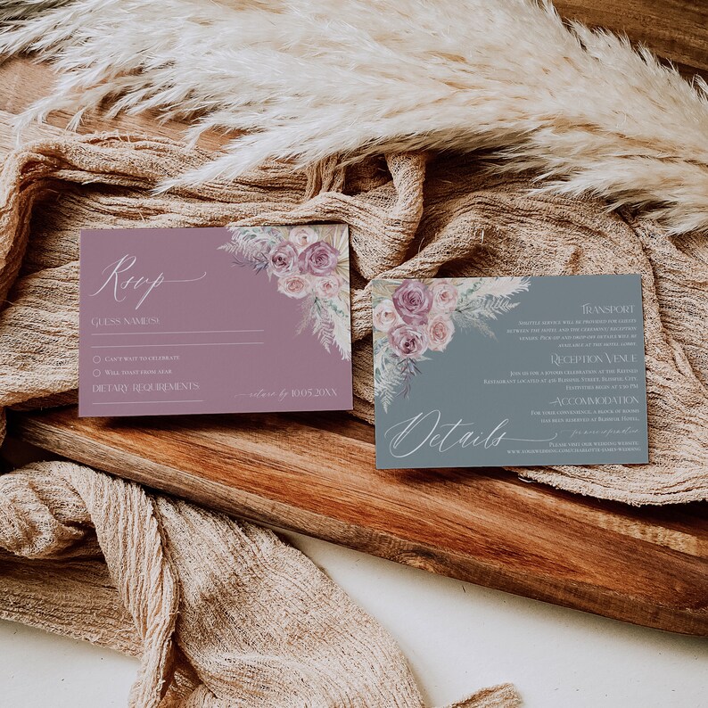 Boho Dusty Rose Wedding Invitation Set: Pampas Grass Mauve Greenery