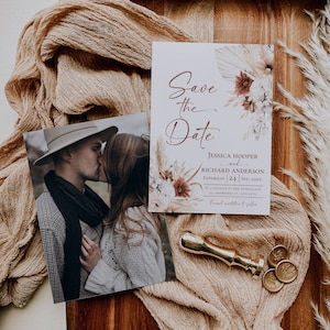 Boho Terrakotta Hochzeit Save the Date Karten, Terrakotta Rost Hochzeit Save the Date Template mit Foto, Foto Save the Date Vorlage D021