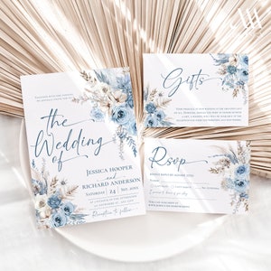 Blaue Hochzeitseinladungs-Vorlage, Boho Blaue Hochzeitseinladung, Dusty Blaue Hochzeitseinladung Set Save The Date Karten D018