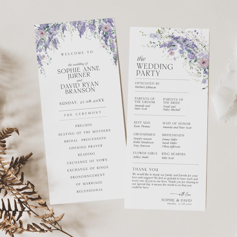 Catholic Wedding Program Template, Ceremony Program, Wedding Order of Service, Ceremony Church Program Folded Purple Wisteria Wedding D014