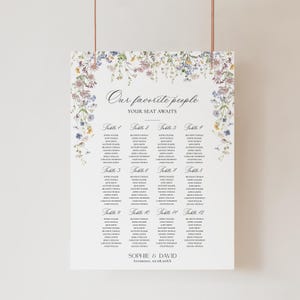 Modello di cartello per la tabella dei posti a sedere per matrimonio a prato, cartello per la tabella dei posti a sedere al tavolo, tabella dei posti a sedere per matrimonio botanico, cartello per la tabella dei posti a sedere con fiori di campo D029