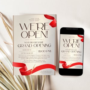 Gold Grand Opening Invitation editable template, Business invitation, Launch Party digital invitation, We&#39;re open Invite Elegant C049