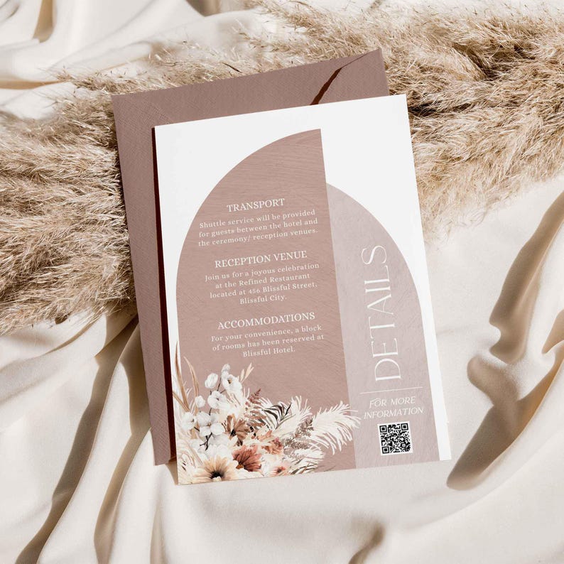 May include: A white wedding invitation card with brown accents and a floral design. The card includes details about transportation, reception venue, and accommodations. The text reads "TRANSPORT", "Shuttle service will be provided for guests between the hotel and the ceremony reception venues", "RECEPTION VENUE", "Join us for a joyous celebration at the Refined Restaurant located at 456 Blissful Street, Blissful City", "ACCOMMODATIONS", "For your convenience, a block of rooms has been reserved at Blissful Hotel", and "DETAILS".