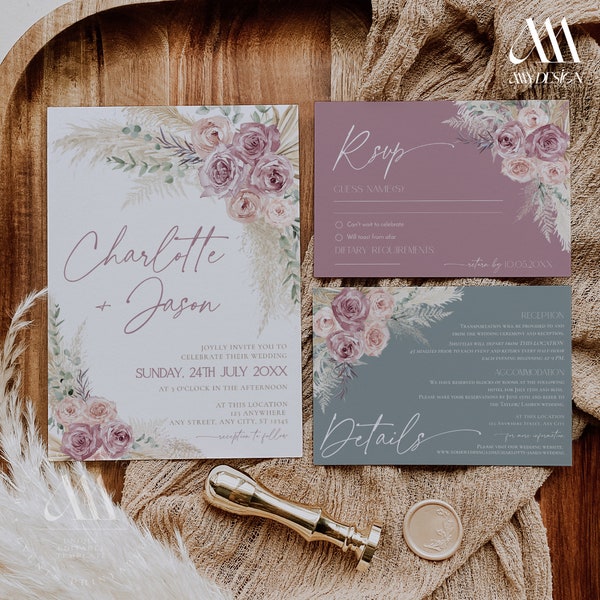 Boho Dusty Roses Wedding Invitation Template, Mauve Wedding Suite Template Editable, Bohemian Pampas Wedding Set Printable Download E009