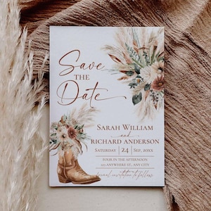 May include: A rustic wedding invitation with the words "Save the Date" in elegant script. The design features floral arrangements and a cowboy boot. The names Sarah William and Richard Anderson are displayed, along with the date and time.