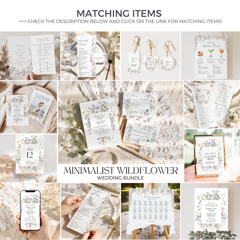 May include: A wedding invitation suite with a minimalist wildflower design. The suite includes a save the date card, invitation, RSVP card, and details card. The cards are all white with a watercolor floral border in shades of blue and yellow.