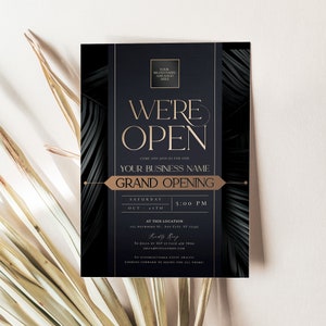 Printable minimalist grand opening invite reading “We’re Open,” ideal for corporate events and launch celebrations.
